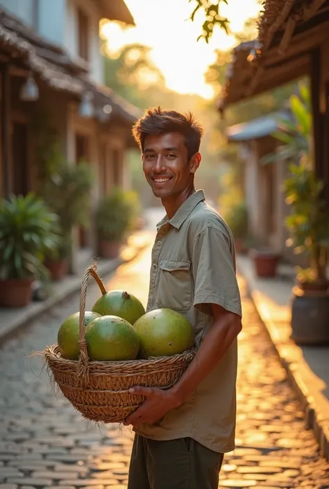 young coconut man in the small town of sunset atmosphere with carrying basin for buying several coconut drink, real photo, authentic asia, 16K HDR RAW, high quality photo, perfect face, specific graphics, photo on taking from a facial forward in sidewalk f...