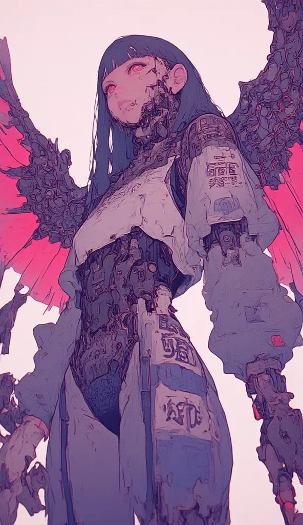  Female model with large wings 、Close-up view of a ,    girl, female lock, Girl in cybernetic armor Mecha , Skeletal face, mecha,Aoshima Chiho color scheme  ,  Angular Winged Armor  , sharp details,   Mecha action figure  ,  by maciej kuciara ,  There is a...