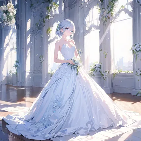 20&#39;s, girl,  blue eyes,  silver hair, wedding dress at the wedding hall