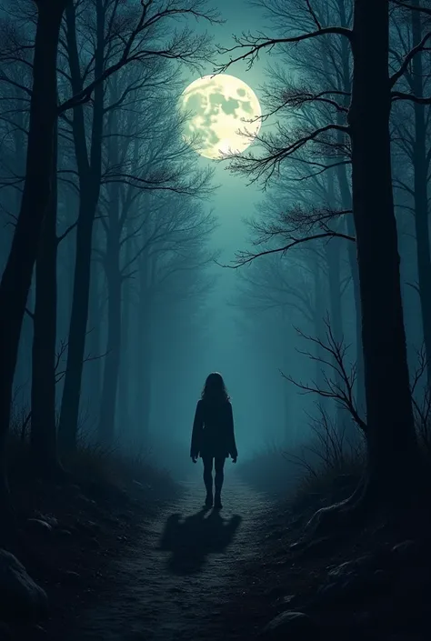 Create a image of this horror story 


                  "The Shadows in the Woods"

It was a cold autumn night when Clara and her friends decided to hike through the dense woods near their town. The full moon barely peeked through the thick canopy of tree...