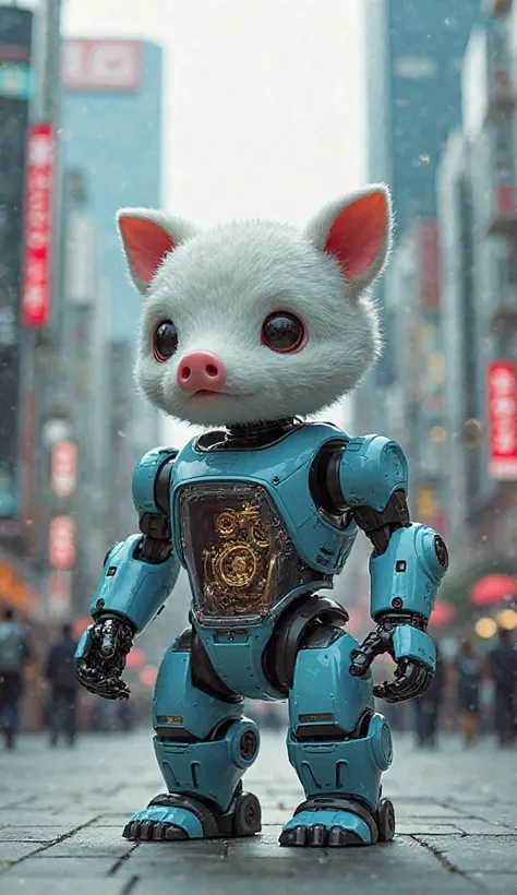  Fantastic　realistic footage　 Japan's Office District　I can see the machine inside the chest of a cute blue and white boar-shaped robot