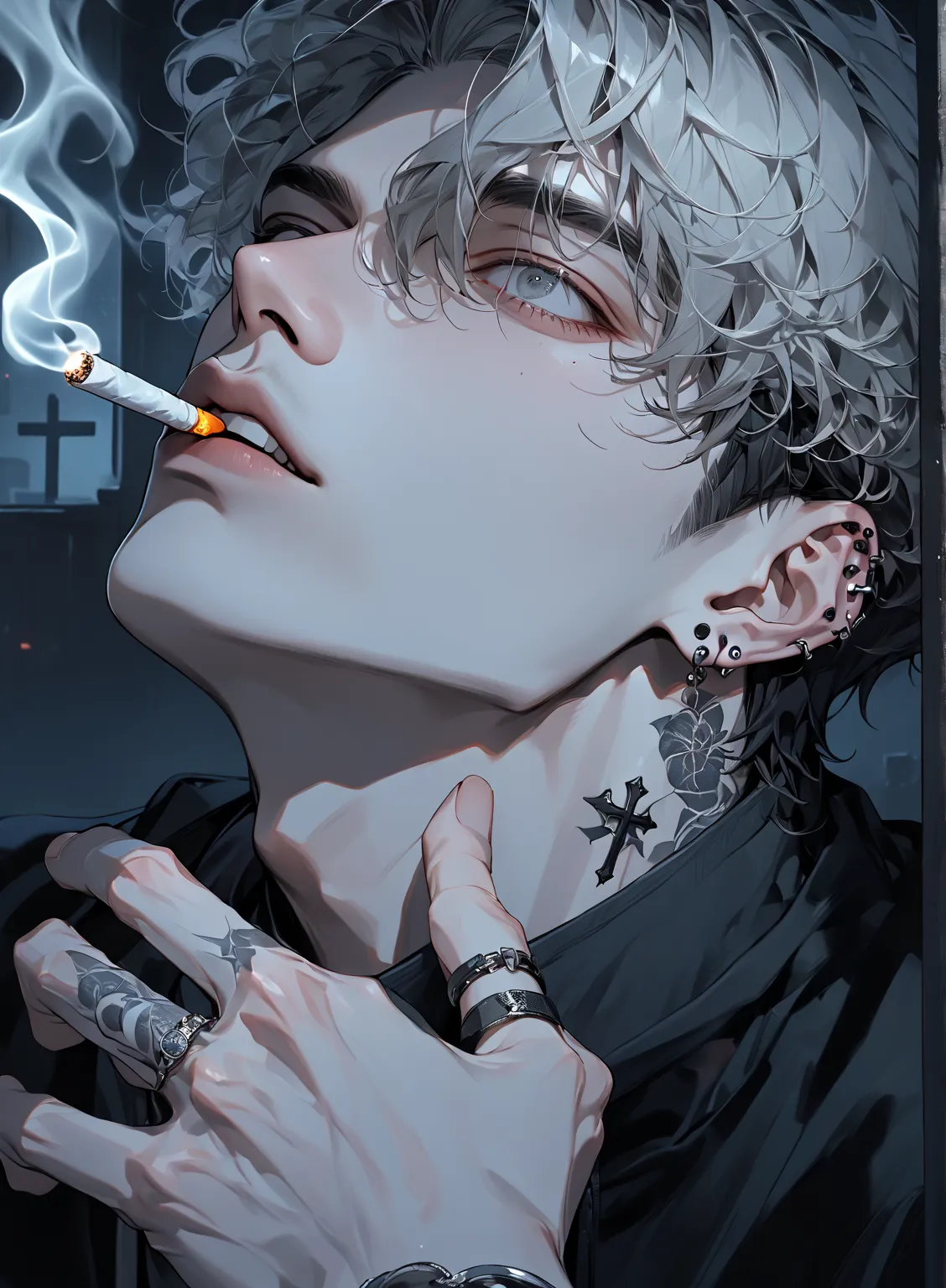 ((걸작, top quality)), handsome, alone, 1 male, short hair, gray hair, smoke gray hair tips on black hair,  gray eyes, black shirt, black and white hood , smoking, night, Black Light, sharp chin,  big eyes, Thick lips, lots of piercings in the ear, Boy on to...