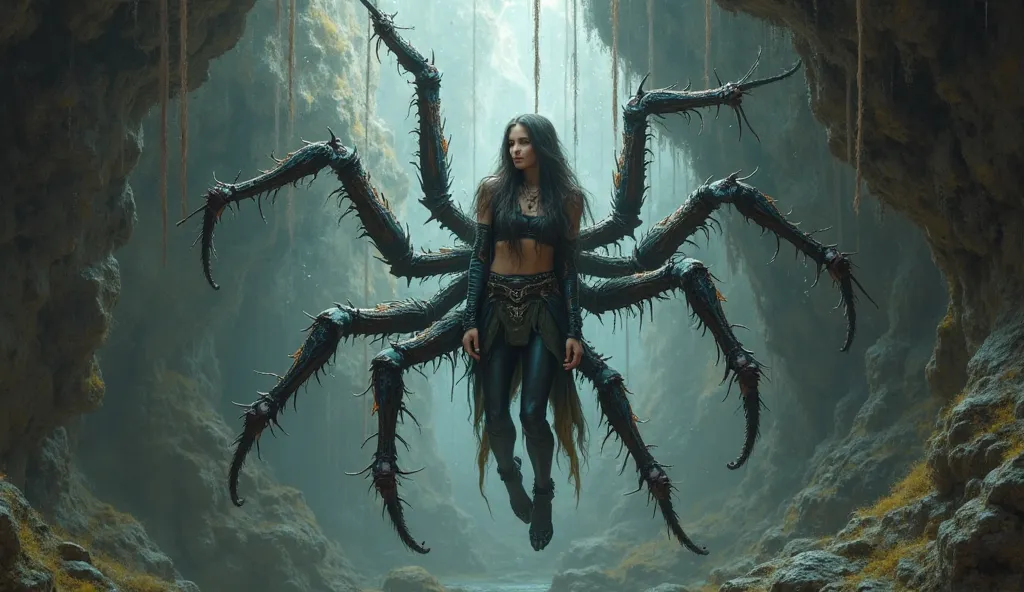 spider cave, webs around, woman with six spider legs on her sides, in addition to her normal human hands and legs, her human hands have spider armor on her wrists, and her human legs spider armor on their heels, she has spider teeth, long hair, and hanging...