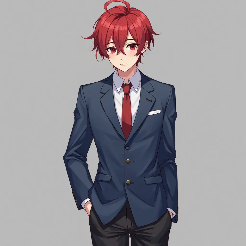 Make a anime boy with red hair and his uniform is blue the suit and white the blouse and black pants, and have I'd picture straight body the hand is not in pocket just straight body i said the hand is not in his pocket just straight!!!