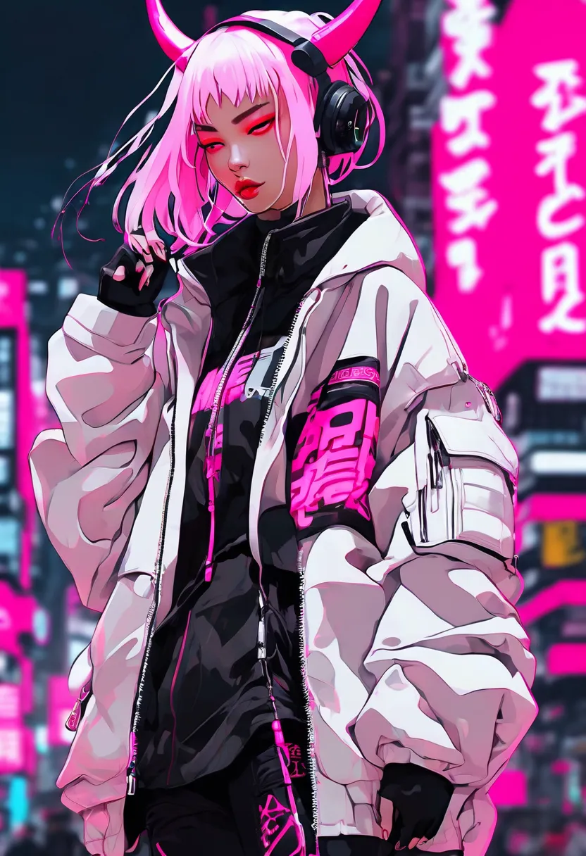 anime, woman wearing pink demon mask , Hannya Face  , full body ,  off-white style clothes  ,  Hype Beast  , Cyberpunk, Cyber City on background , Cyberpunk art, retrofuturism, armor, NieR:Automata concept art style,  japanese streetwear ,  neon pink and b...