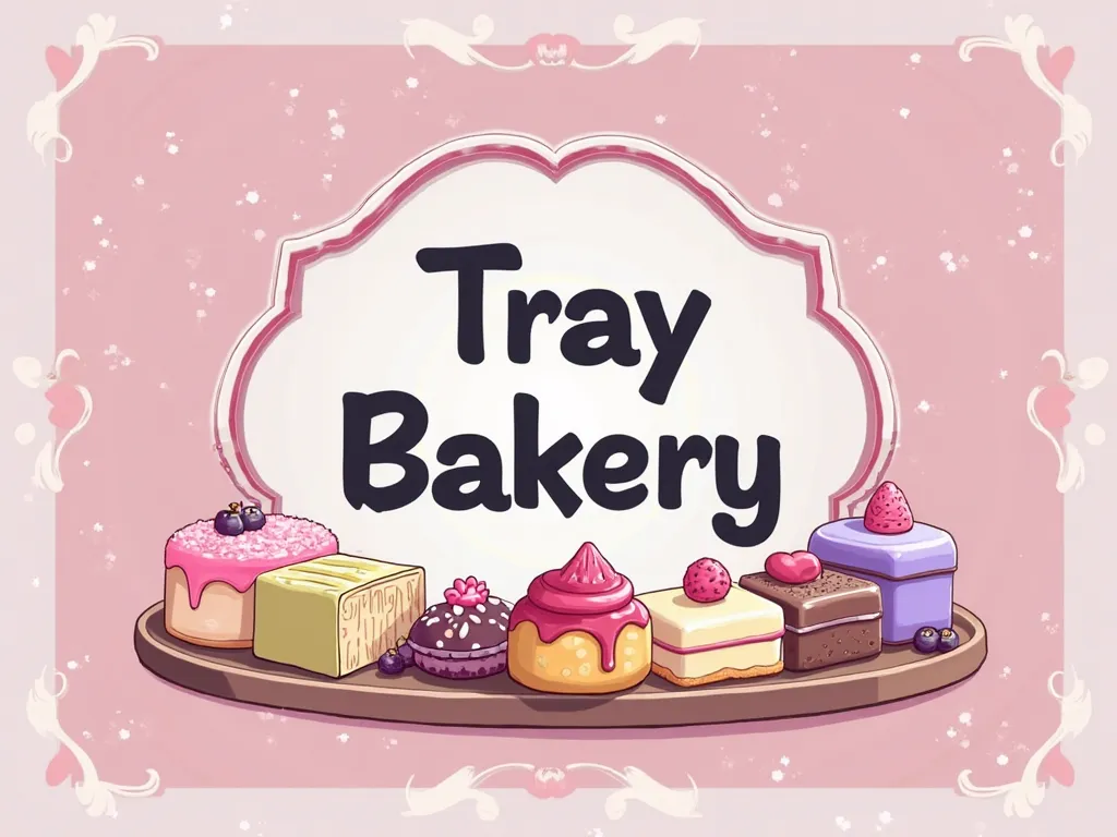  pink、 violet、 grey、A cute banner image of a bakery with a variety of candies and desserts named Tray Bakery with beautiful black letters ,   pink、 violet、 grey、The name「Trey Bakery」is written in beautiful black letters