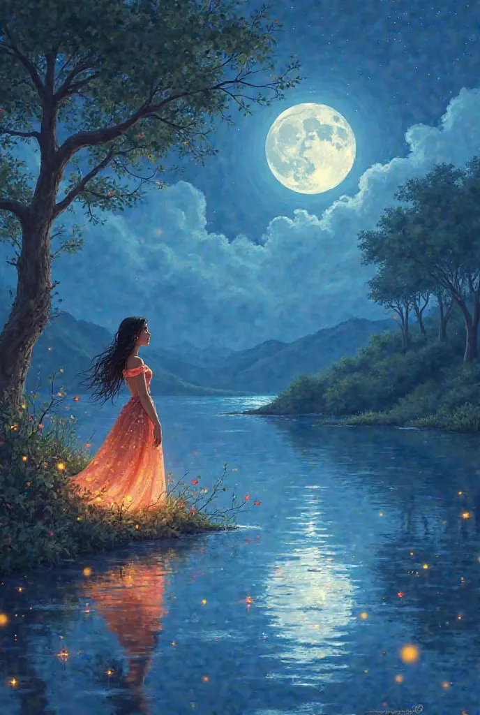 Animated image of a princess standing near Moon Lake, looking at a glowing light above the water’s surface.