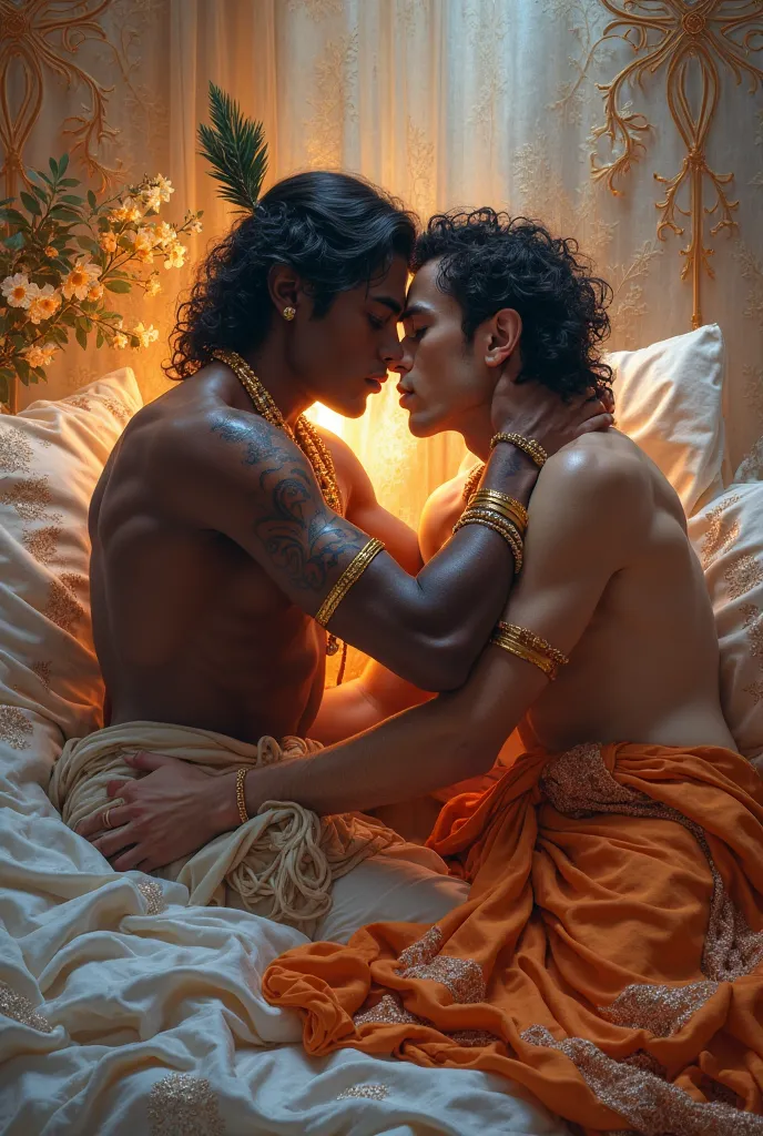 Lord Shri Krishna kissing a men his in bed energictically 

