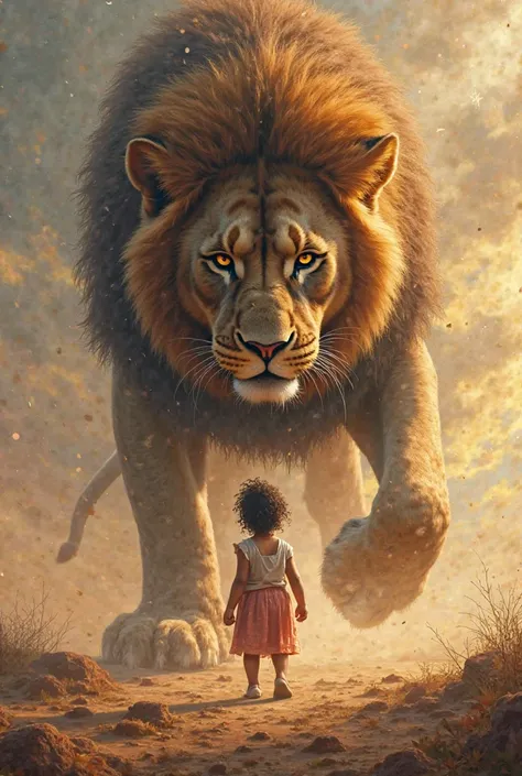 One year old girl standing against a lion they are both ready to fight on the sound