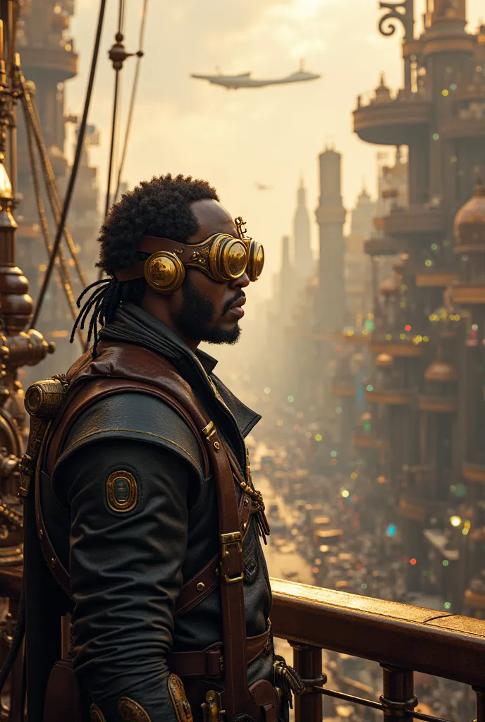 A Victorian-era adventurer wearing intricate brass goggles and a mechanical arm, standing on a steam-powered airship deck overlooking a bustling steampunk city. The cityscape is filled with towering brass-and-copper buildings, massive gear-driven mechanism...