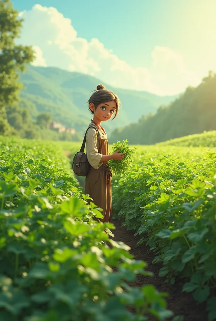 Coriander field with farmer standing in it