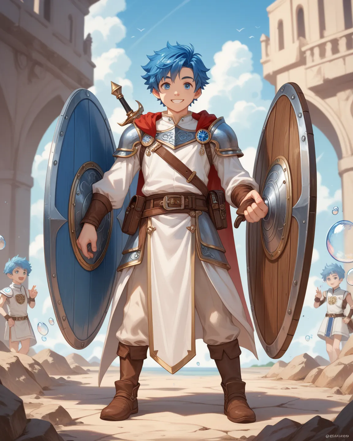  1 guy, short blue hair, big eyes, smiling, glass bubble shield over whole body.