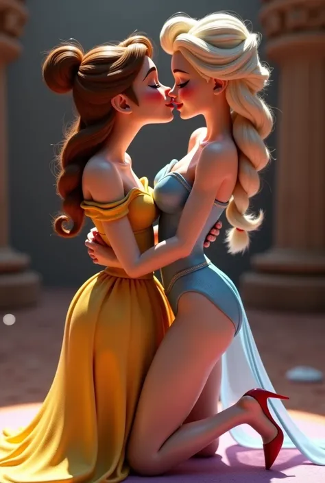 nude Belle and nude Elsa, Disney 3D render, Full frontal view of Princess Belle nude rubbing Elsa's , high heel open shoes, NSFW, 10 seconds video length thrusting sex, kissing.