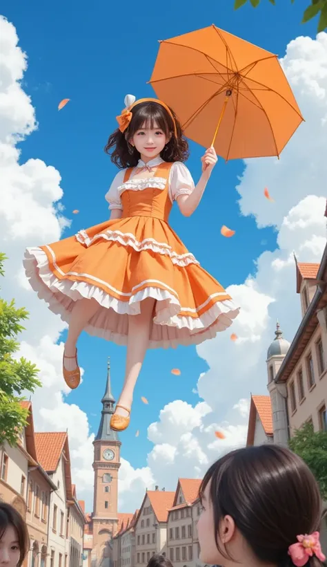 Young girl in orange and white ruffled dress, brown curly hair, lively expression, sparkling eyes, warm smile, holding an orange umbrella, floating softly in the wind as it were.
Her skirt flutters and spreads out, like a dreamy moment.
The wind becomes ca...