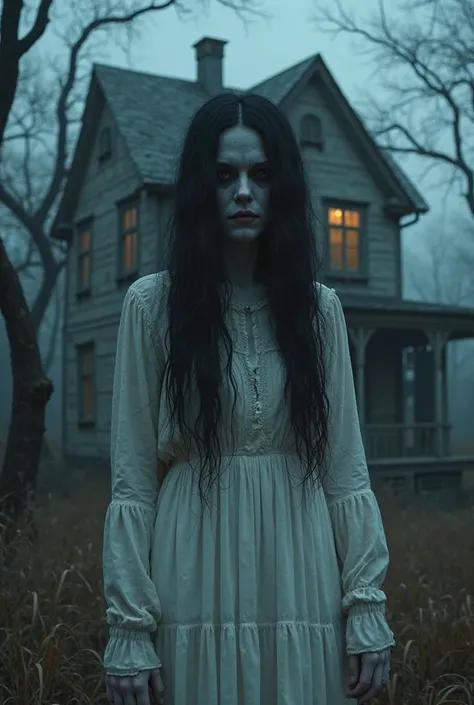 :
"A terrifying female ghost with long, messy black hair wearing a flowing white dress stands in front of an abandoned haunted house at midnight. Her pale face with hollow, sunken eyes emits an eerie presence. The house behind her has broken windows, a cre...