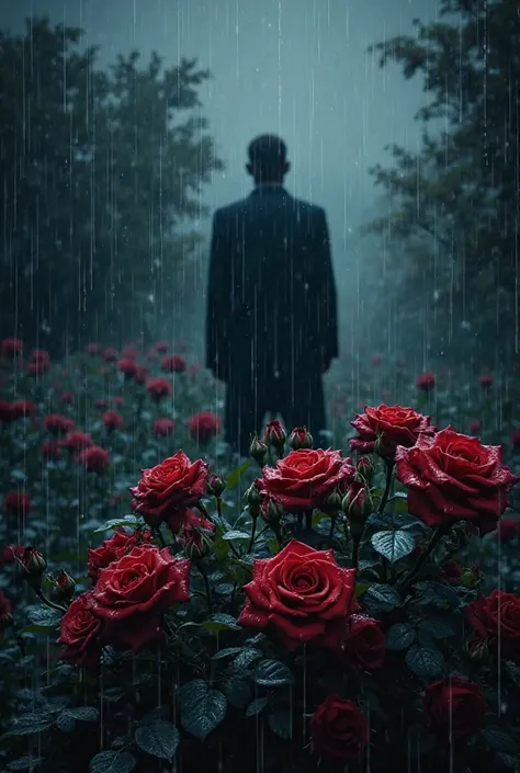 A background for a book cover. It’s raining. Night has fallen. A bush with red roses stands in the foreground, rain dripping from its petals. In the distance, a shadow emerges — the silhouette of a towering man, barely visible through the curtain of rain.