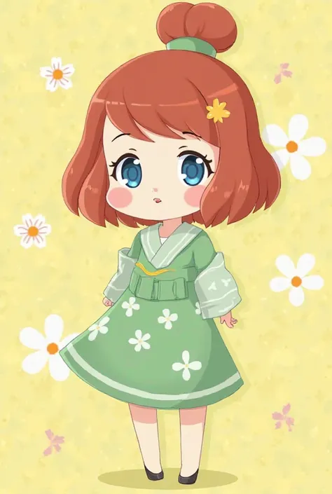 Dessin animé animal crossing d'une fille humaine cheveux roux attaché,yeux bleus clairs,lunettes couleur or,tâches de rousseurs,pansements sur le nez et sur la joue droite,robe verte clair avec des des fleurs blanches,fond jaune avec des fleurs blanches et...