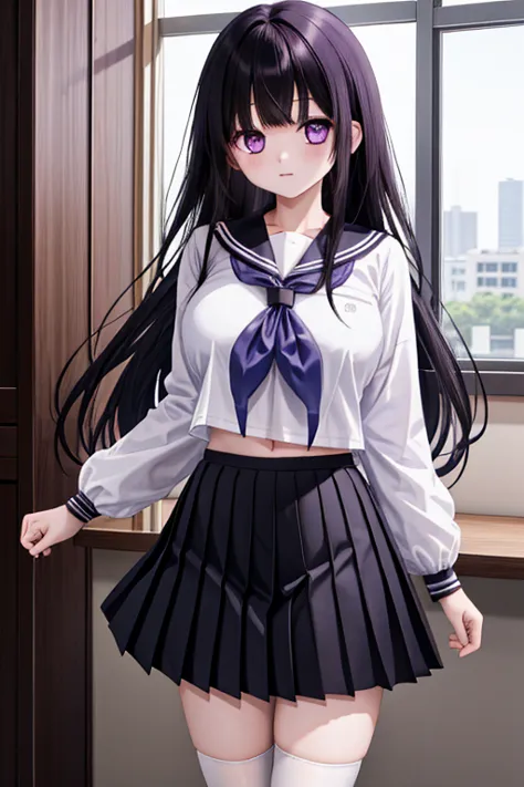 1 girl,  micrheskirt  , long hair,   black hair, school uniforms, purple eyes, white shirt,  white socks, pleated skirt, bangs, Wear black sailor collar , Neckerchief, black skirt,  Long Sleeve, ( shirt lift:1.2), belly button,  is nice,、 black hairロングヘアー,...