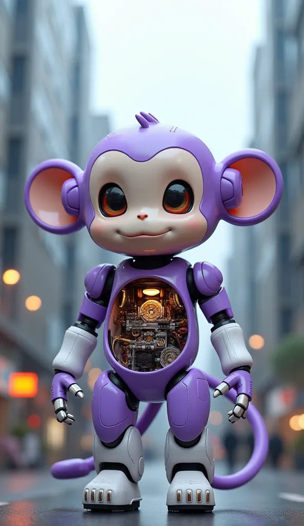  Fantastic　realistic footage　 Japan's Office District　I can see the machine inside the chest of a cute purple and white monkey-shaped robot