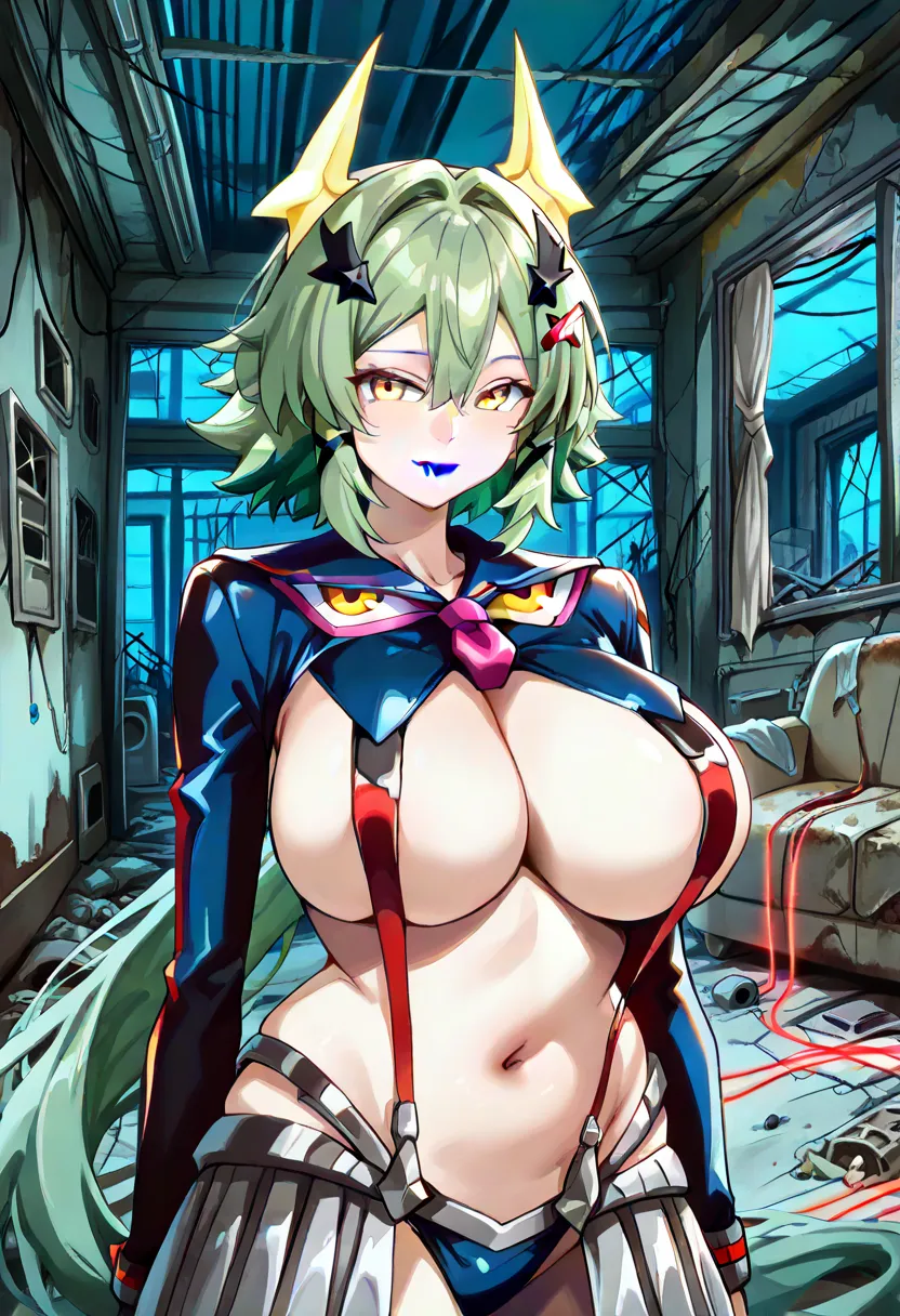 4K, 8k,  score_9,  score_8_up,  score_7_up, 1 girl, Mature Woman, Alone, voluptuous, Caesar_king_( senza_zone_zero), (Big Breasts:1.4), ((( green hair), very long hair, hair between eyes,  long side lock, yellow eyes,  half-open, x hair ornament, Black Hor...