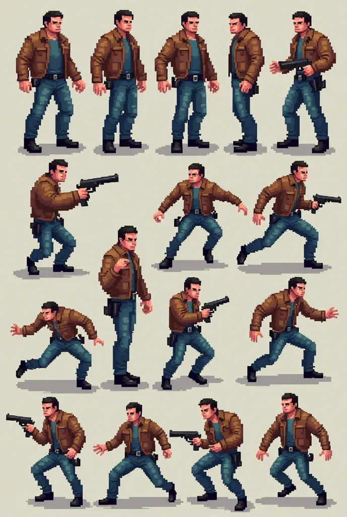 Side-view pixel art sprite sheet of Jack Donovan, an 80s action cop. Includes frames for idle, running, jumping, crouching, and shooting. Wearing a brown leather jacket, blue jeans, and black boots.