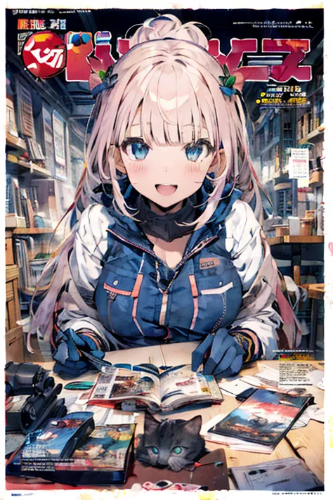  (masterpiece), (best quality), detailed, 1 girl, soro, (((beautiful detailed)))(cute face:1.2)3girl,Making otaku costumes, tv-game, Table, Sewing, sewing machine, isometric, Fabric, cat running around covered in sheets in the background(sharp lines:1.2)(c...