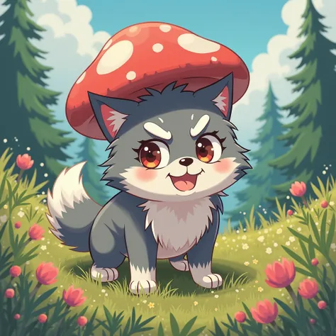 anime, hand-drawn and cell animation techniques, natural design, angry wolf , mushroom hat,  emotes for twitch, beautifully rendered and expressive rich colors, vibrant pastel colors, imaginative and fantastical landscapes, sharp attention to detail, reali...