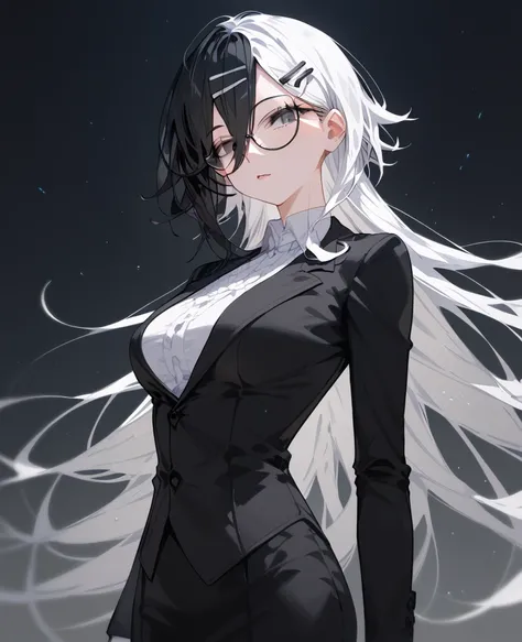 girl,two tone hair, black hair, white hair, in black eyes, short hair , slim,,Pointed eyes ,Pointy hair,Cool hair Bob ,slim,Tall,Black suit,milf, with glasses, long hair,God father,Black hair clip, drop colour hair,