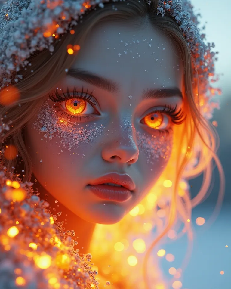 3D High Resolution,Exquisite detail,Left Eye Flame,Right Eye Snow,Face fine ,Ice Fire Fused Broken Background,1 Girl,Single,Flame with Ice Element Long Hair,Premium 4K, High Reality ,major照片級,Super detailed,Physics Base Rendering, Extreme Detail ,major,Bri...