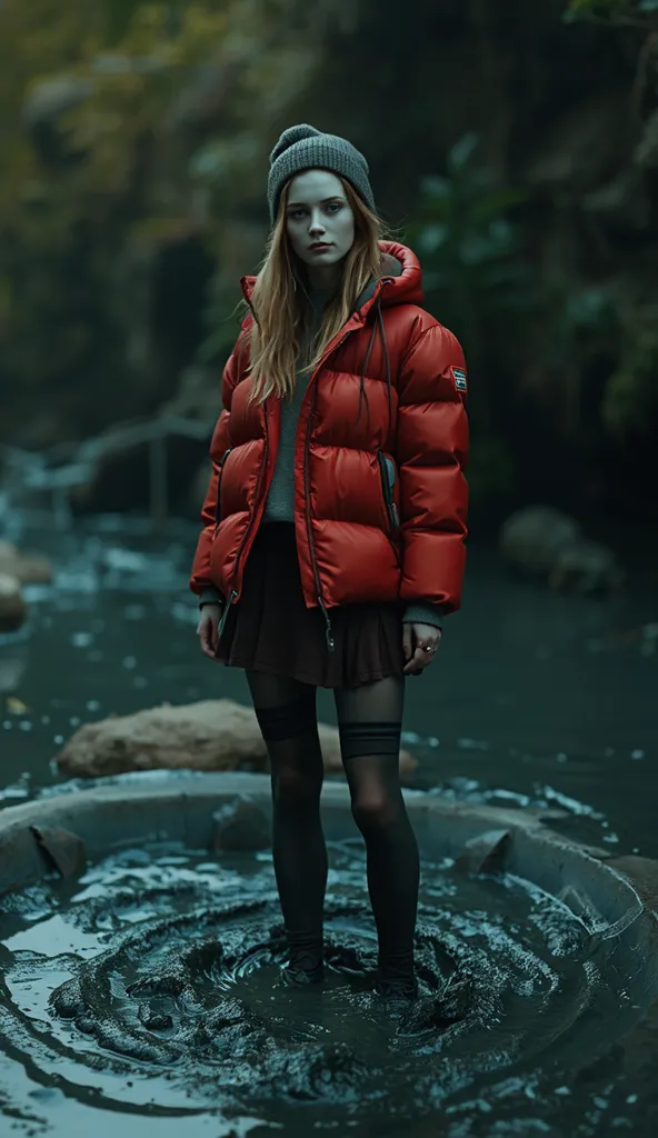 grainy, extremely detailed pale woman head in sludge pit in washed dark simple lightweight down jacket,short skirt, detailed nylon sludge covered stockings with garters, standing, victim of the ritual, murky sludge,   fashion photo shoot,dark orgasm, Posin...