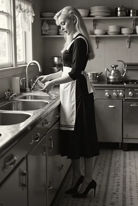 A vintage 1945 gorgeous long haired blonde in long black sleeved white egdes black waitress dress standing in high heels by the sync. She is washing the dirty dishes and piles of dirty dishes around her, in America in 1945 long shoot full body view