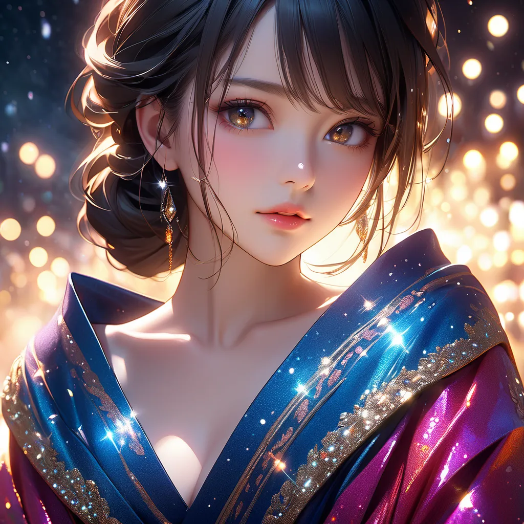 Beautiful woman wearing a kimono,glitter effect,Sexy、upper body, textured skin,  8k octane, Glittering decorations,Artistic, 