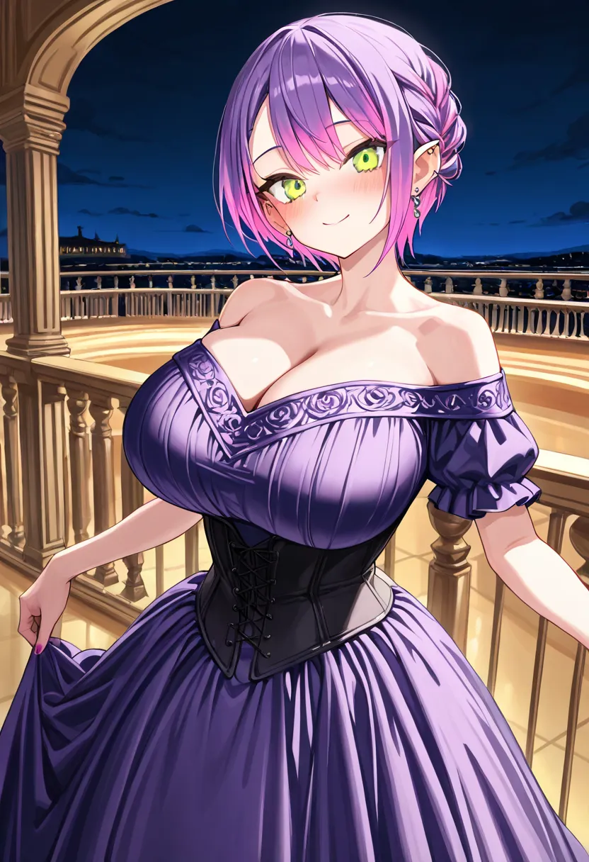 (Best Quality , 8k , masterpiece , incredibly absurdres , perfect body , super detailed skin , highly detailed eyes and face ) , tokoyami towa , purple Hair , Green eyes , smile ,  will be happy , ( corset dress , earrings , ballroom , outdoors balcony , n...