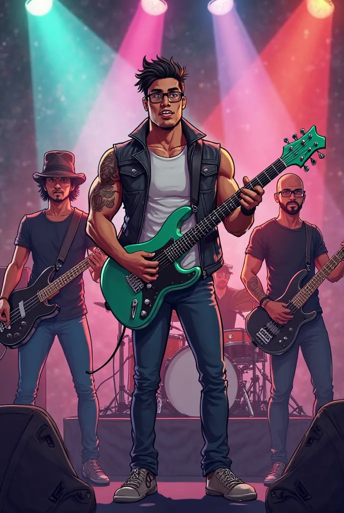 **Description of the band's image:**Cartoon style 

- **vocalist:** A strong Asian guy, with thick-framed glasses, wearing an open leather jacket that shows his muscular arms with a tribal tattoo.  He is in the center , holding the microphone with a confid...