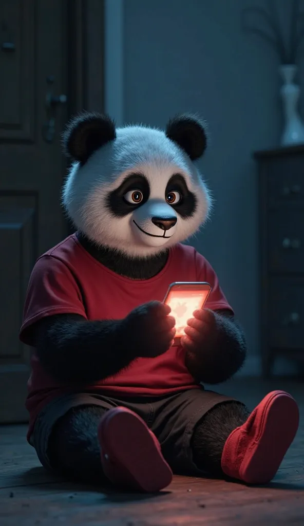 A 3D animated panda wearing a red t-shirt, black shorts, and red shoes, sitting alone in a dark room at night. He is watching a scary video on a smartphone. The phone screen is glowing, casting an eerie light on his face. The background is dimly lit with a...