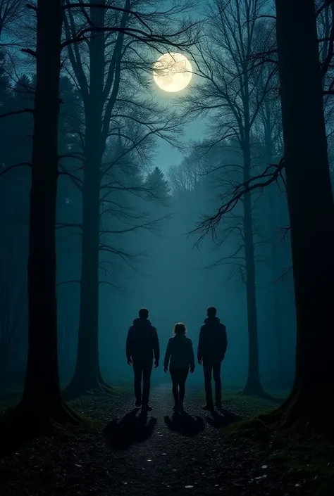 The full moon barely peeked through the thick canopy of trees above. They laughed and joked, but as they ventured deeper into the forest, an unsettling quiet enveloped them. the same location in autumn 