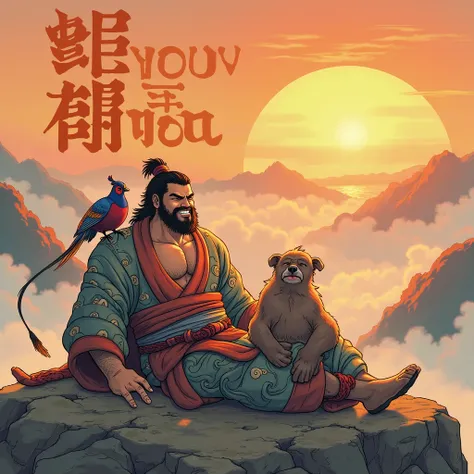 Illustrate a breathtaking morning sunrise over a misty mountain landscape, where a ruggedly handsome Momotaro stretches with a confident smirk. His warrior’s kimono, adorned with intricate wave patterns, drapes over his muscular frame. His dog is yawning b...