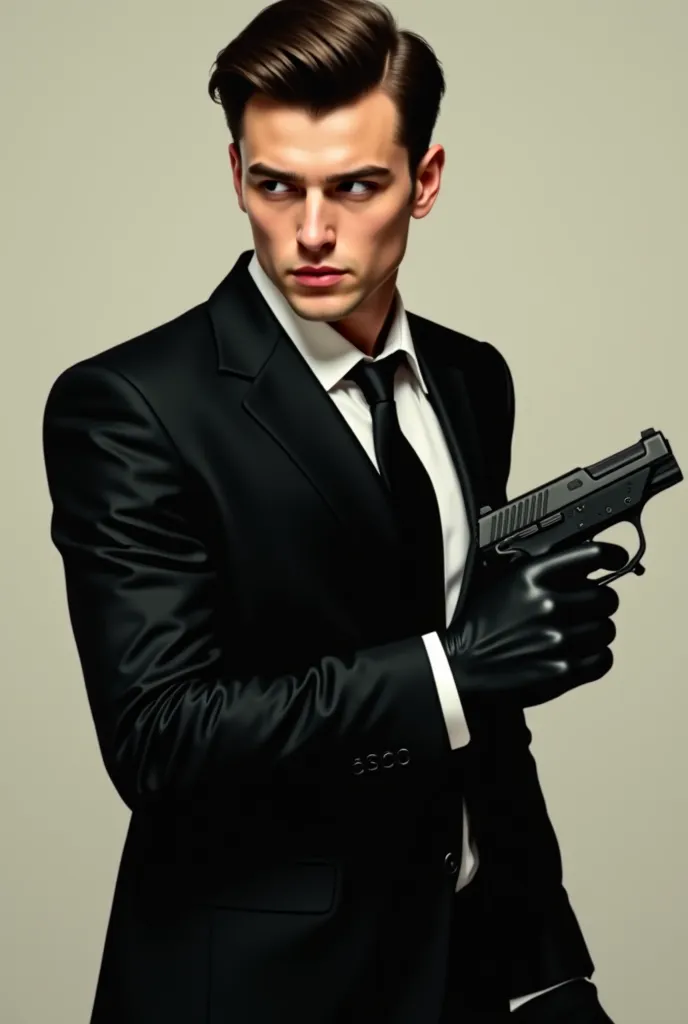 A handsome secret agent in black suit with a pistol holding in hand and the gun pointing down as a photo still , the agent is men should look like oil paint ai age is 22