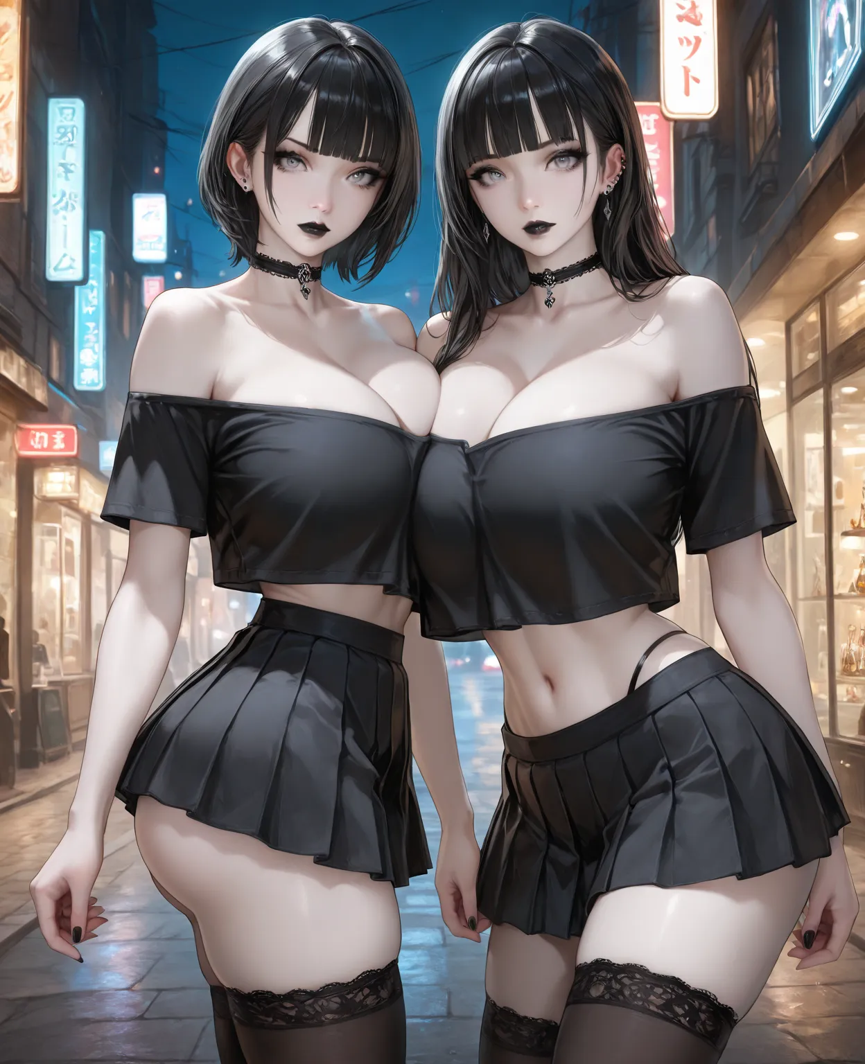 masterpiece, best quality, absurdres, very aesthetic, semrealistic, BREAK, 1girl, solo, hyper breasts, hyper ass, round ass, narrow waist, hourglass figure, exposed waist, collarbone, bare shoulders, pale skin, grey eyes, blunt bangs, black hair, BREAK, st...