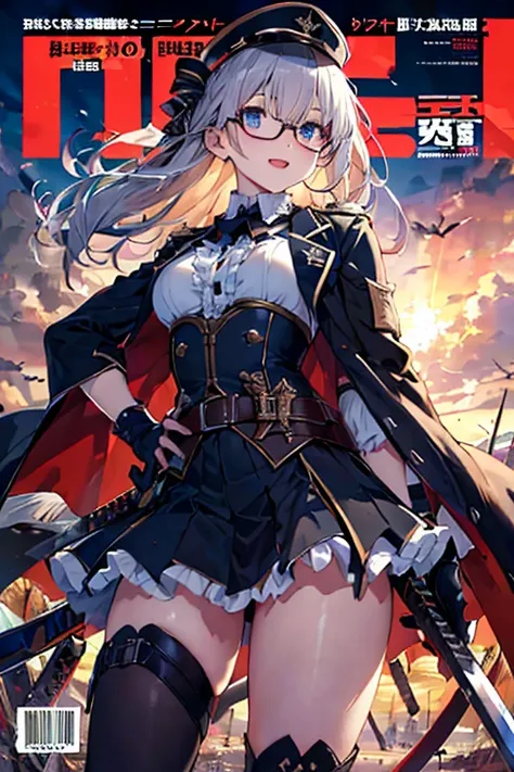 (from below:1.3, best quality ), girl , Platinumbrown color hair military uniform , The dreamer wants purplish blue eyes ,(small breasts:1.0), Lori will do it, (masterpiece:1.2, best quality ), (Beautiful detailed depiction : 1.2), ( beautiful detailed fac...