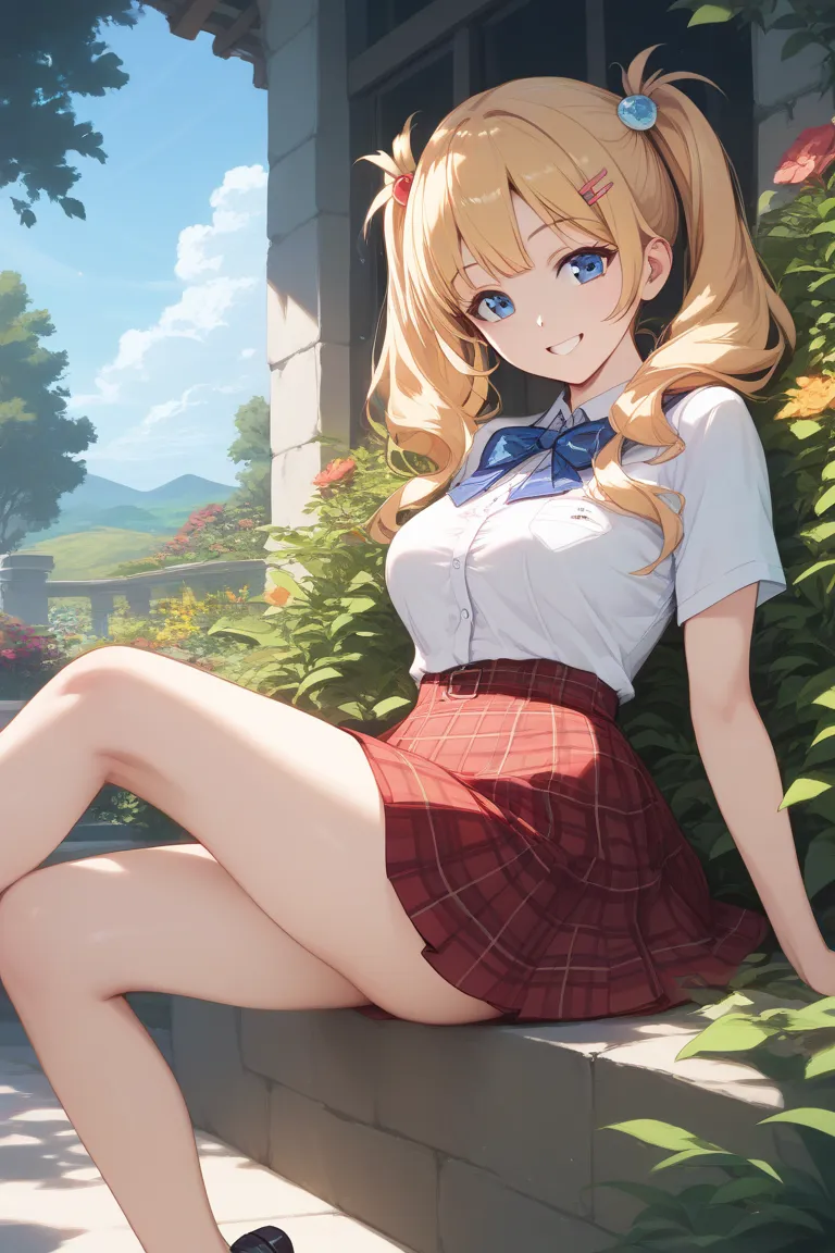 (masterpiece), (best quality), (super detailed), ( best illustration), (Best Shadow), (ABSARD DRESS), (detailed background), (wopen leg),  Meguru Hachimiya  , 1 girl, blond hair, skirt, Alone, Blue Eyes, hair ornaments close to the garden, smile,  plaid , ...