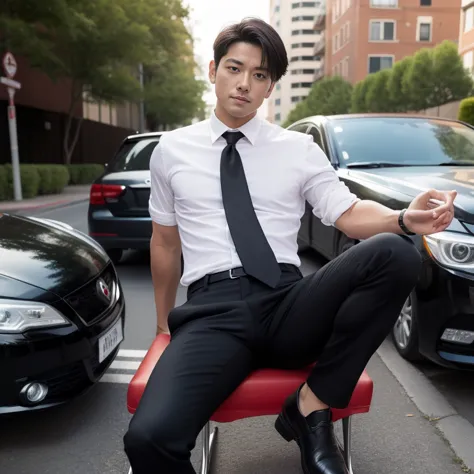  age 35 ,One Man,black shirt、 red tie 、black skinny pants、,Morning parking space、mafia、Sitting with legs wide open、 holding weapon ,logic ,gay  ,very short hair、,  stump  ,Spanish face,Handsome dad,Inflating in the crotch area of the pants　upper body　looki...