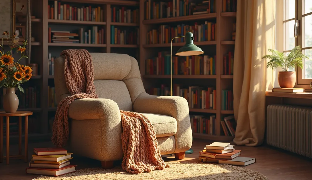 "A cozy reading nook with a plush armchair, a warm throw blanket, and books stacked beside it."
