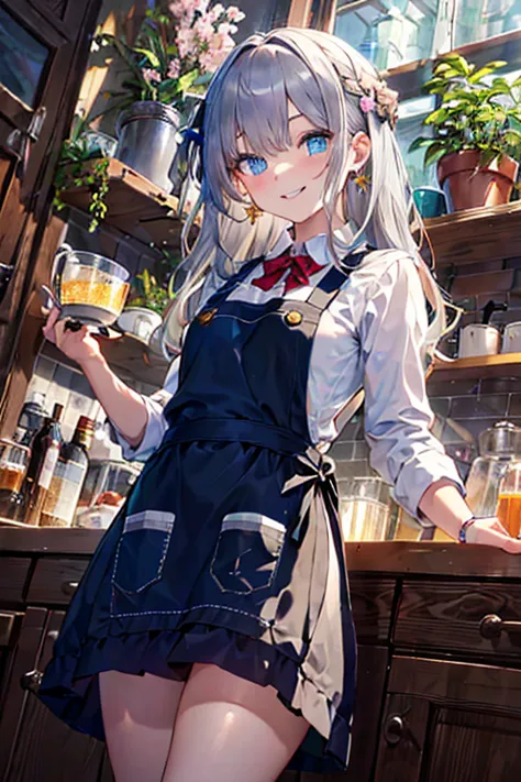 (from below:1.1),((1girl, silver hair, long hair, qutel blue eyes, beautiful eyes, pretty smile:1.5, ), coloring watercolor digital pencil ,Cherry blossoms falling,an animated painting of a woman in an apron standing at a coffee maker, 1girl, brown hair, s...