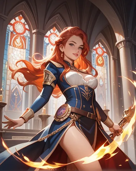 Best quality, 1 young woman, , attractive body, average height, (dark redhead: 1.2), very long hair, straight hair, big eyes, medium breasts, fire summoner, fire effects, tie, castle,