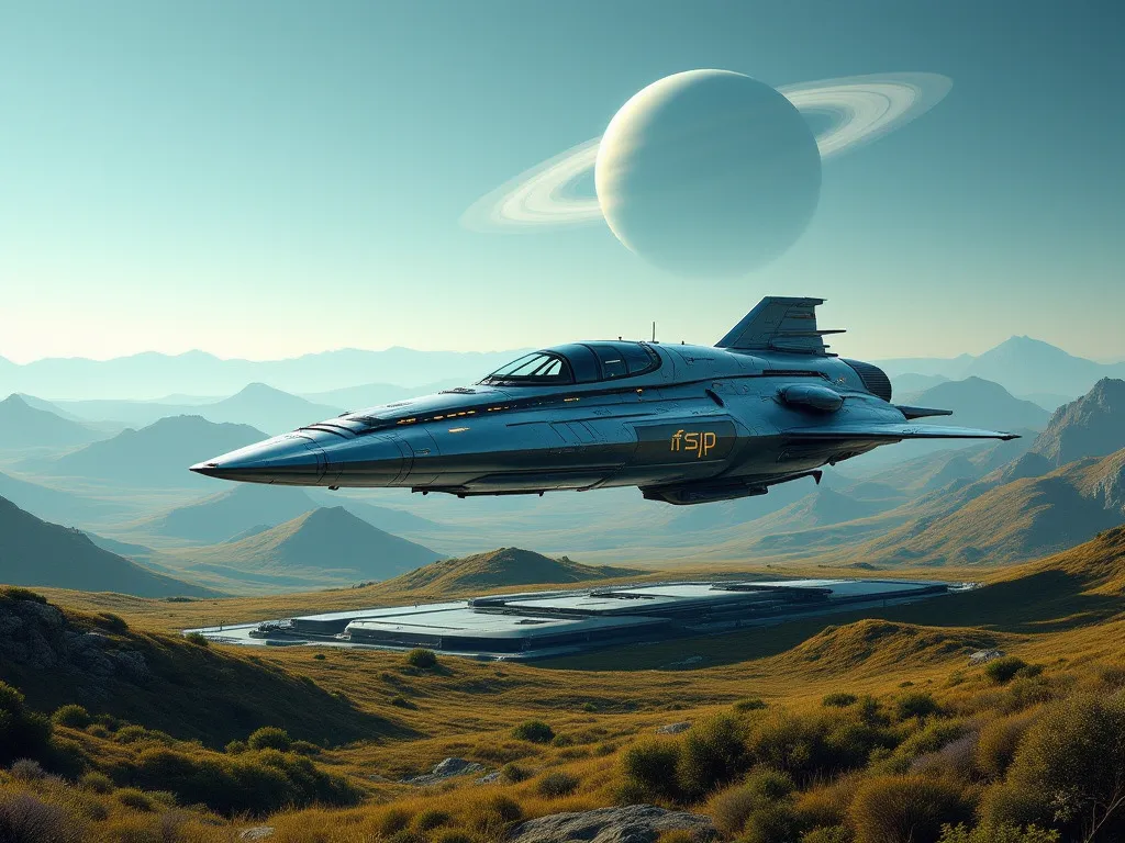 photorealistic landscape with futuristic spaceship (where "FSP" writted on) and saturne on background, there is a ground base