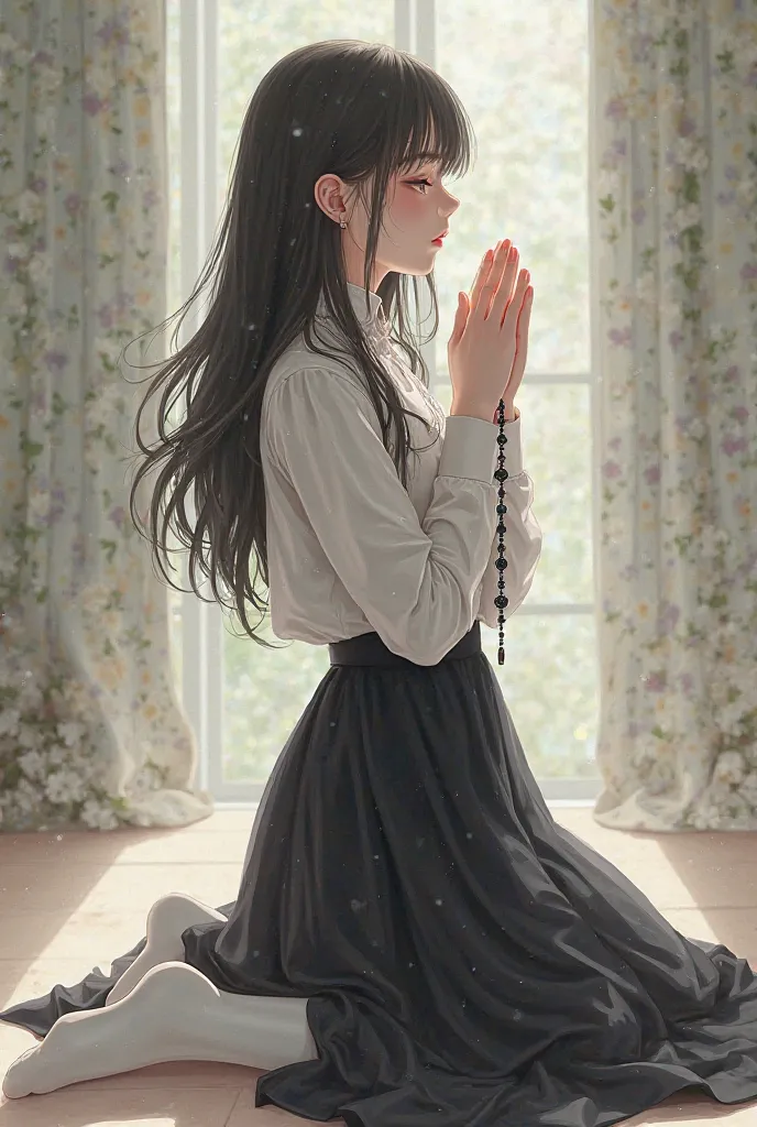  girl wearing a white shirt, black skirt and long white tights, Kneeling praying with a rosary