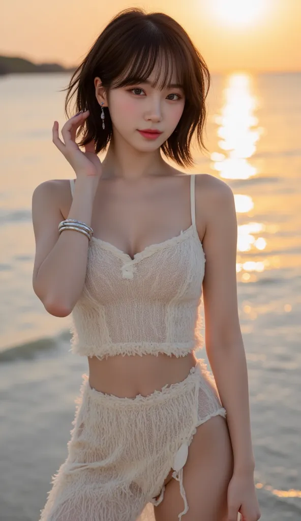 ((後ろ向きの full body photo、 in return、 full body photo、Twilight beauty、One-sided short hair with beautiful wavy black hair over one ear、 Beautiful Butts 、Poses that emphasize buttocks and thighs、 a gesture of putting hair over his ear、She is smiling softly an...