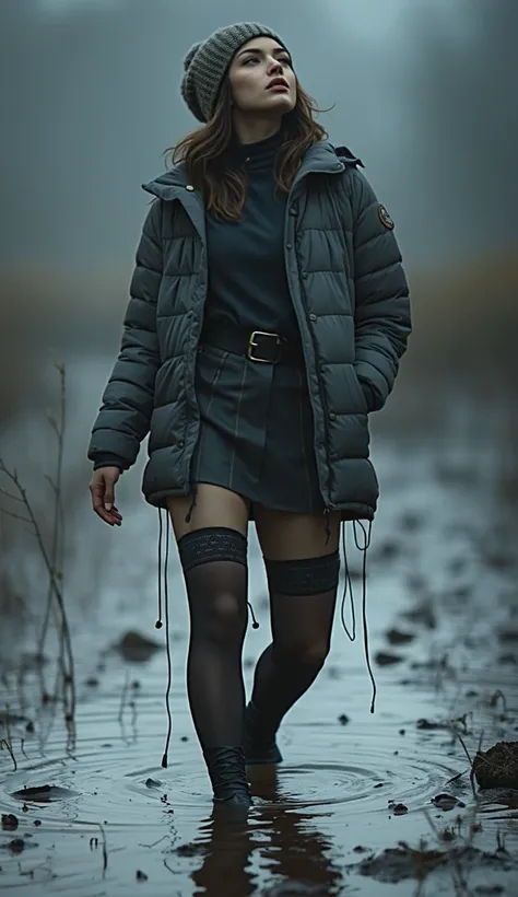 grainy, extremely detailed pale woman head in sludge pit in washed dark lightweight down jacket,short skirt, detailed nylon sludge covered stockings with garters, standing, murky sludge,   fashion photo shoot,dark orgasm, Posing Sexually, provocative photo...