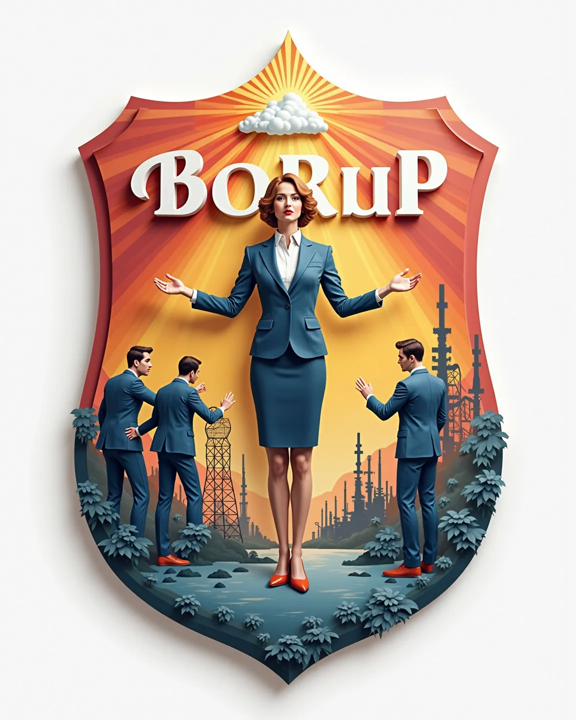 "Create a 3D coat of arms for Russia's largest telecommunications company "Rostelecom" in the style of classical Soviet social realism in the form of a heraldic shield. Use three basic colors:  rich , bright on a white background. The central inscription '...